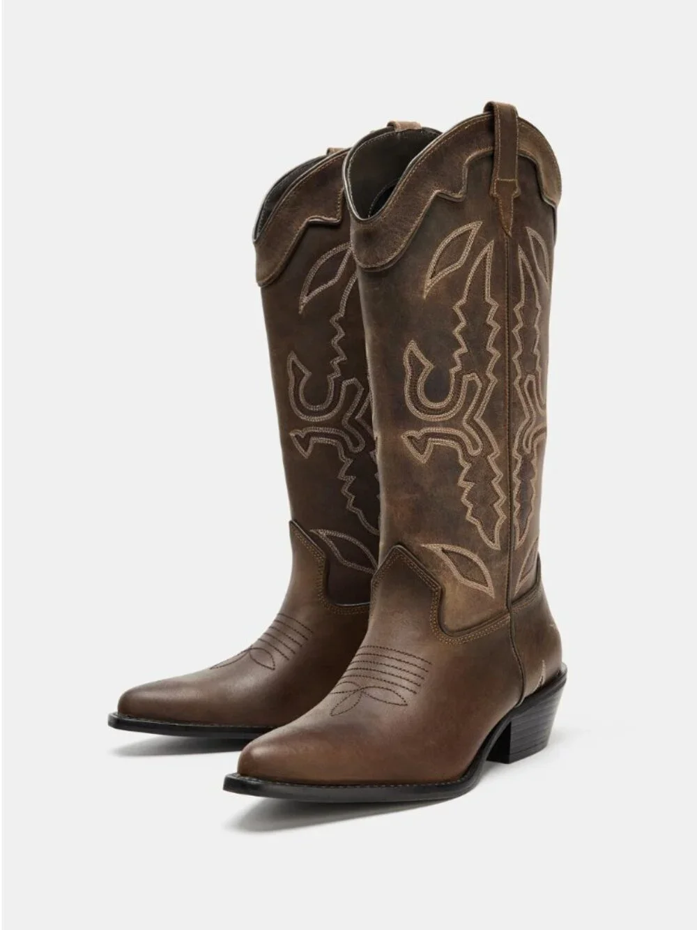 ZARA Tall Leather Cowboy Boots | Distressed Brown | Embroidered | NWT | Size